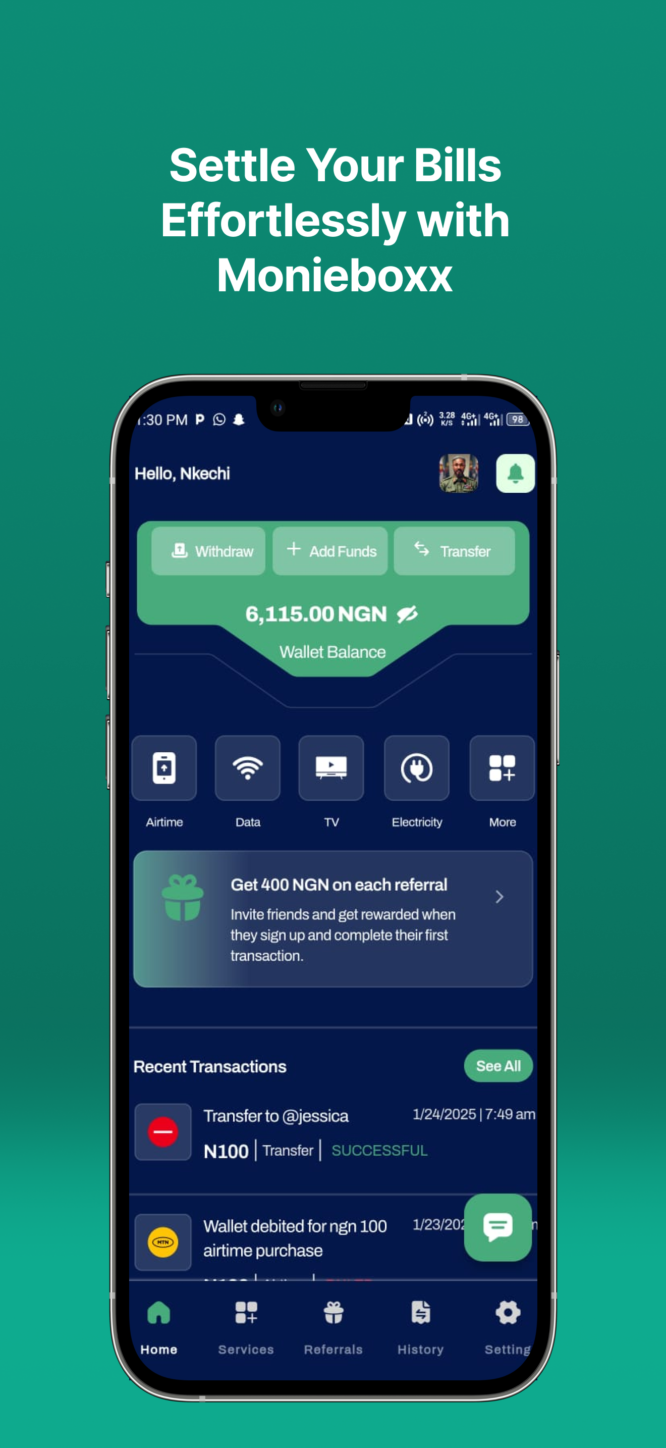 Monieboxx Dashboard - Wallet Balance, Bill Payments, and Transaction History