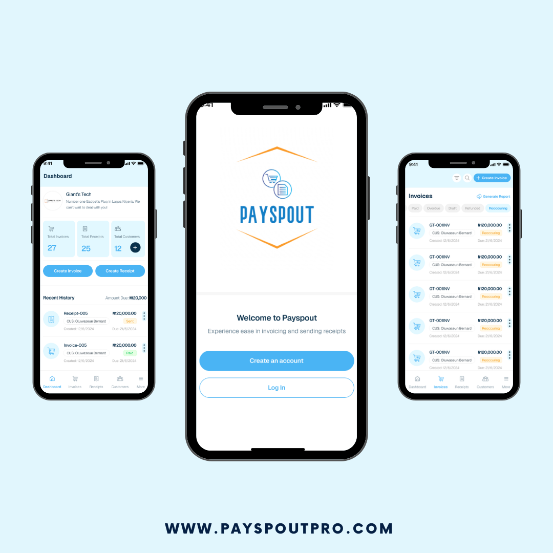 Payspout App Screens - Welcome and Invoice Management